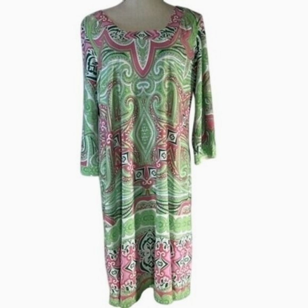 Ivy Lane Womens Small Green Pink Paisley Scoop Neck 3/4 Sleeve Shift Dress